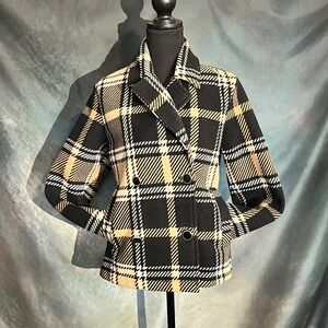 Ellen Reyes Petite Plaid Cropped Jacket Black Tan White Double Breasted‎